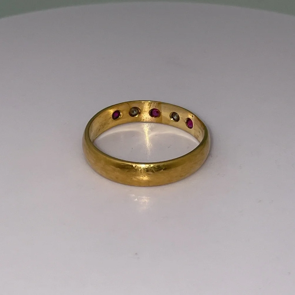Antique ERNST Solid 14K Yellow Gold Synthetic Ruby Faux Diamond Unisex Band Ring